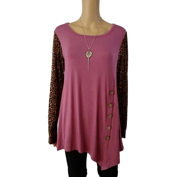 NEW Tunic Top & Necklace Women's LARGE Asymmetrical Blouse Leopard sleeves Flowy - Picture 7 of 13
